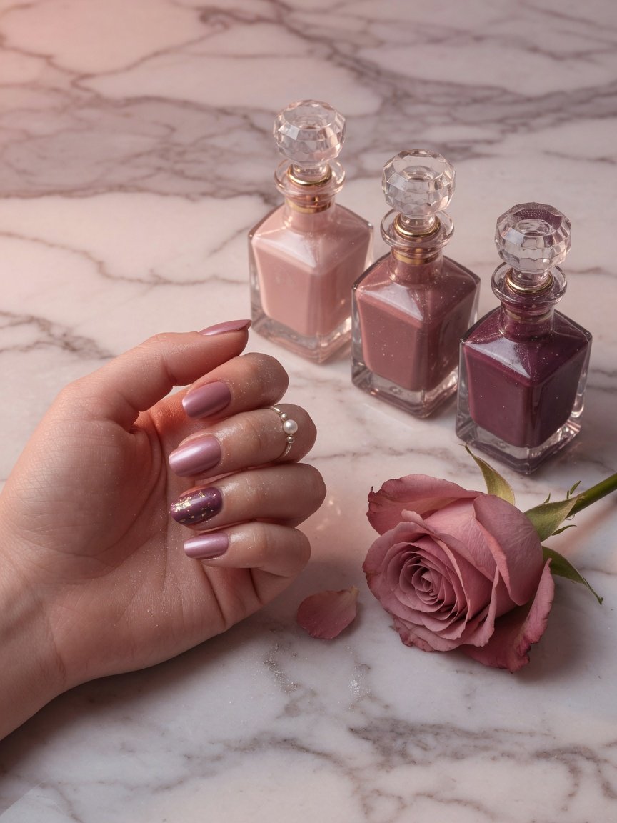 Dusty rose polish bottles beside a finished manicure
