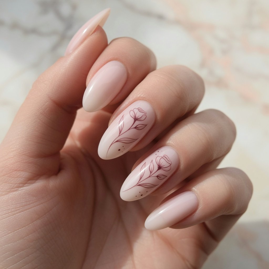Fine botanical nail art in blush and ivory