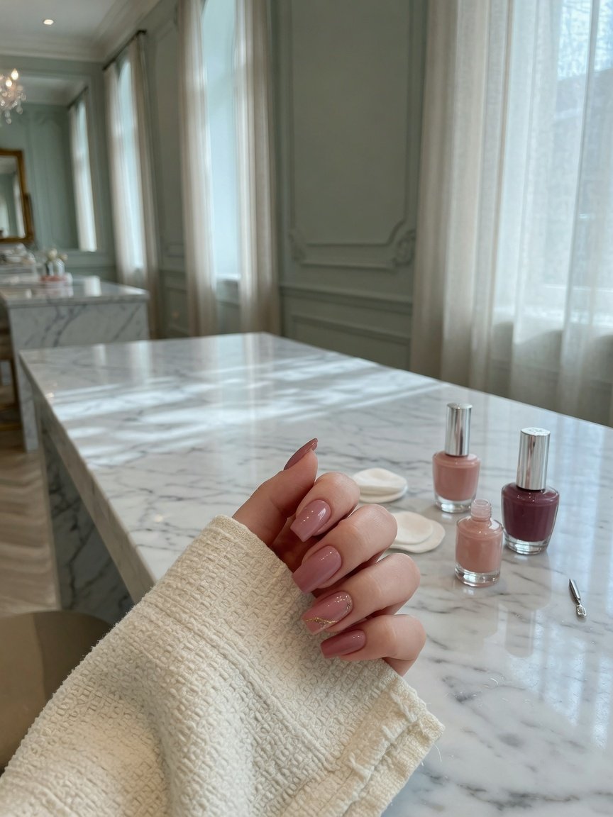 Blush pink manicure with a gold accent on a marble table